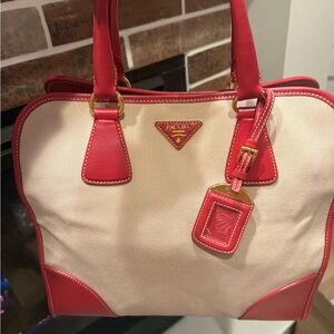 Prada Red & Tan Leather & Canvas Women's Handbag Includes Crossbody Strap